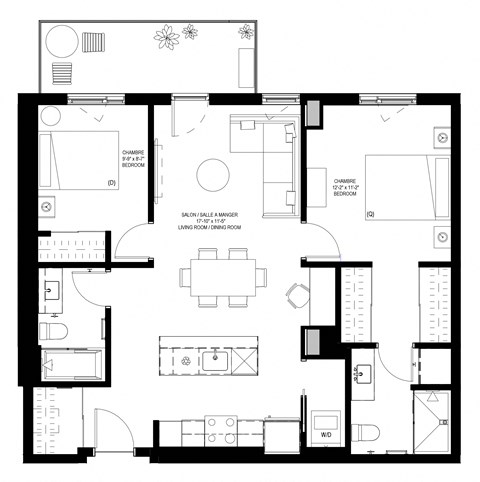 Floor plan for 2 beds, 2 baths, 925 sqft